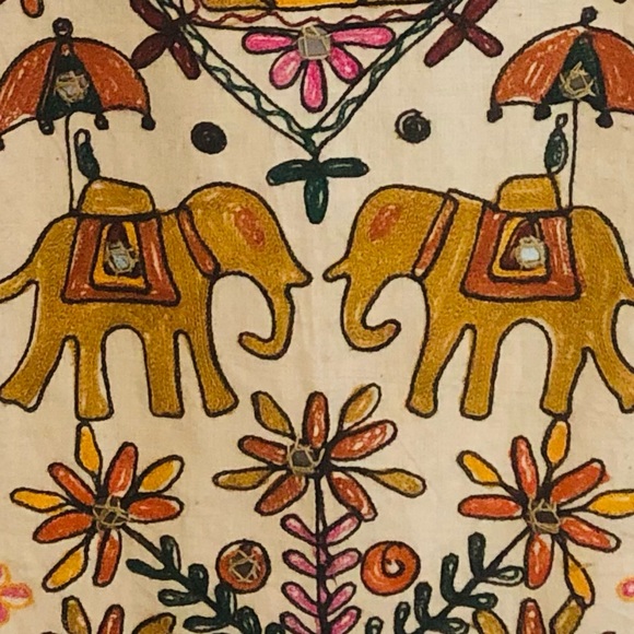 Vintage Indian Embroidered Handmade Elephant and Rooster Boho Wall Hanging - Picture 5 of 7